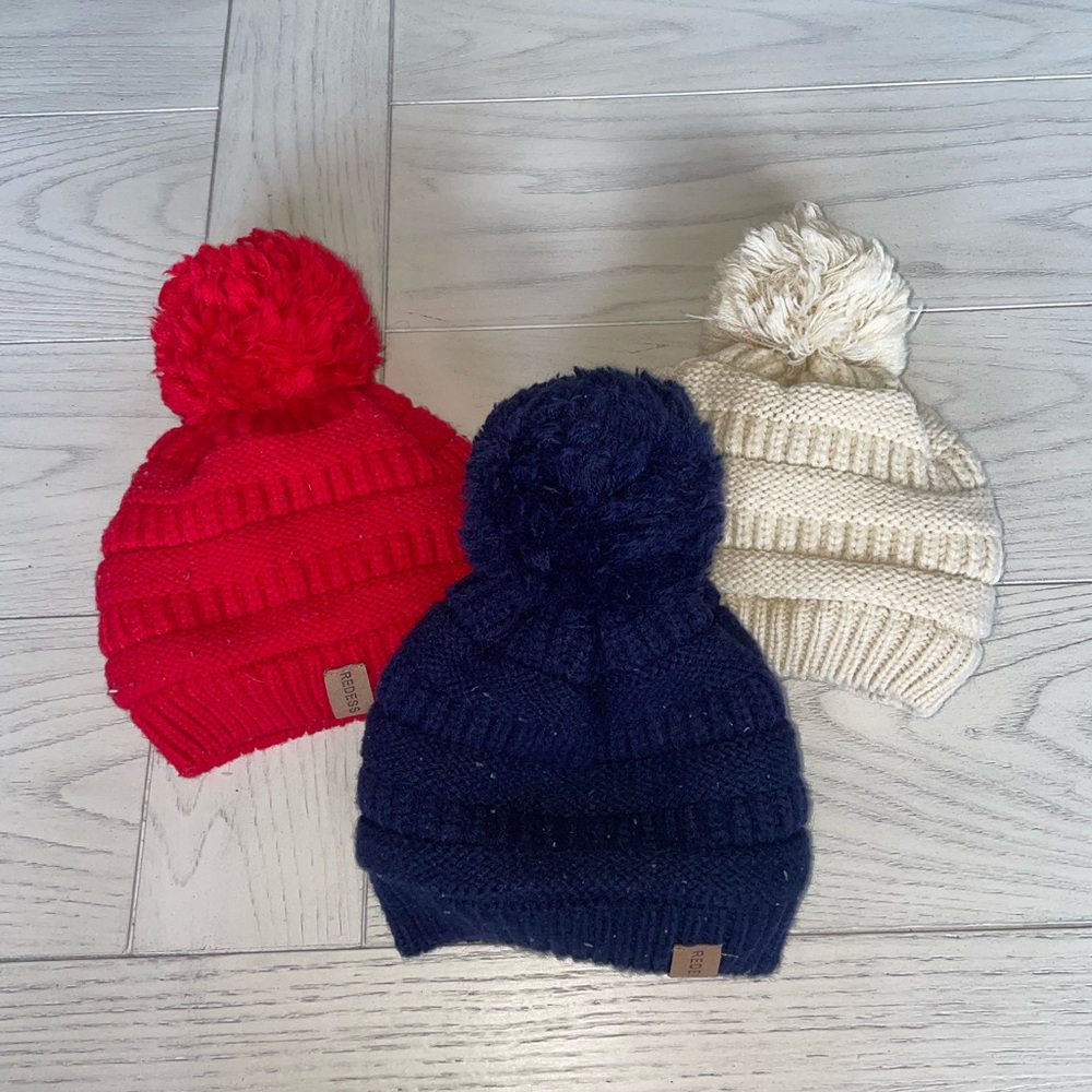 Cozy Knit Pom-Pom Beanie Set for Kids - Red, Navy, Cream